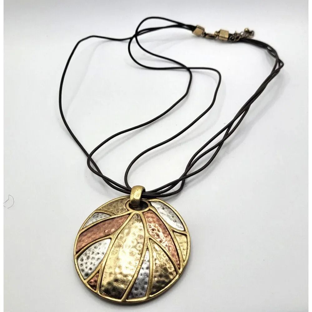 Multitone Metallic Pendant Copper, Gold and Silver Tone Bohemian 19in